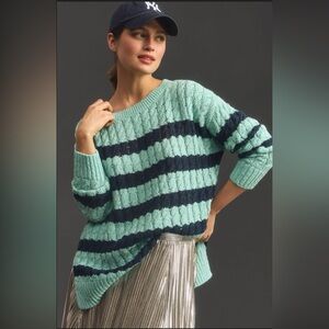NWT PILCRO Anthro Blue Striped Cable Knit Preppy Oversized Sweater Size XXS